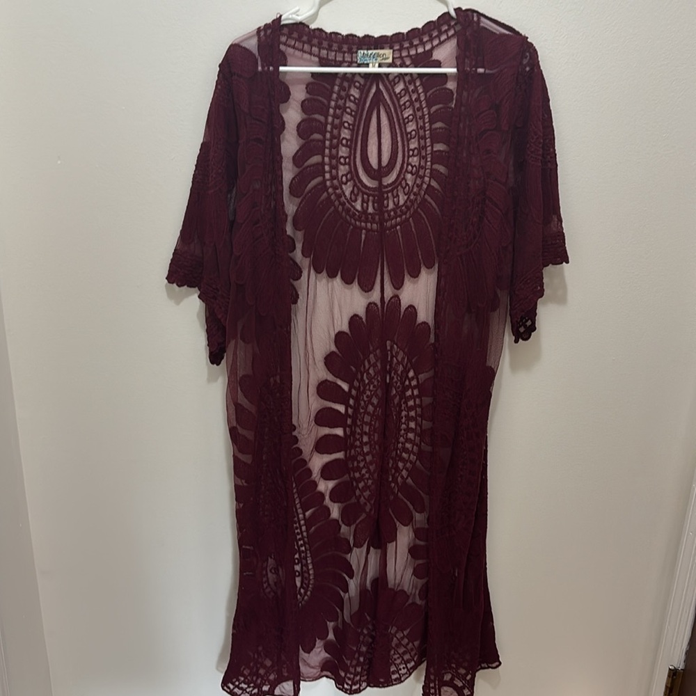 Boho Lace Embroidered Burgundy Duster Kimono